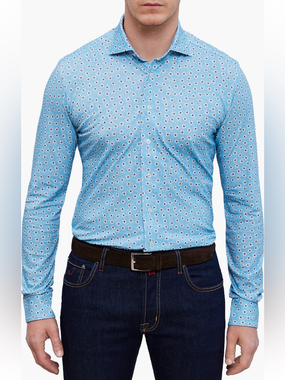 Emanuel Berg 4Flex Modern Fit Floral Knit Button-Up Shirt TURQUOISE 48-18-XXL